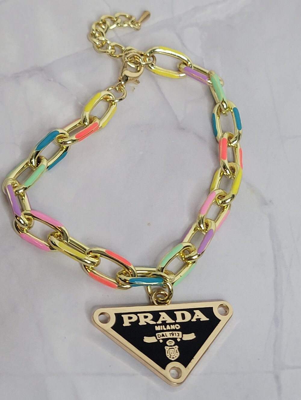 Prada Logo Zip Pull, Gold Multi Color Accent Bracelet 6.75" + Extender Links